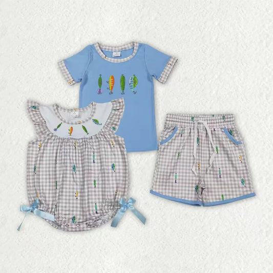12.16 RTS Sibling Baby Kids Embroidery Fishing Pockets Shorts Hunting Clothes Set Ruffle Rompers