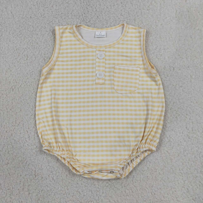 SR4236 RTS NO MOQ （In stock）Baby Kids Sleeveless Yellow Checked Button Pocket Rompers