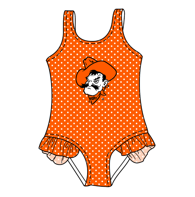 CUSTOM MOQ 5 Cute Comfortable Clothing For Kids Baby Girls Orange Polka Dots Ruffle Team One Piece Swimsuits