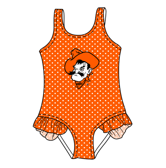CUSTOM MOQ 5 Cute Comfortable Clothing For Kids Baby Girls Orange Polka Dots Ruffle Team One Piece Swimsuits