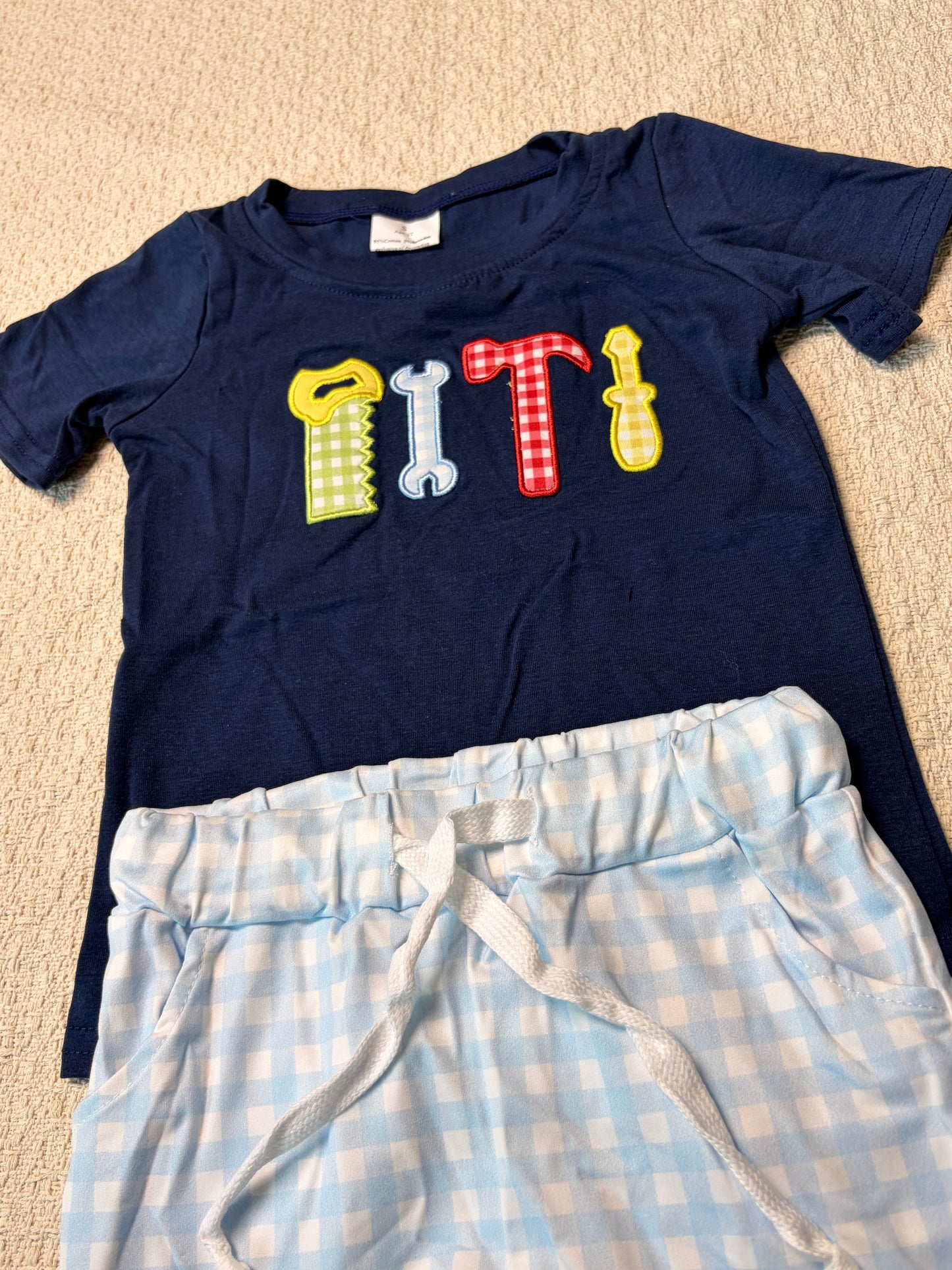 0430 RTS Sibling Short sleeves navy tools baby boys clothes and romper