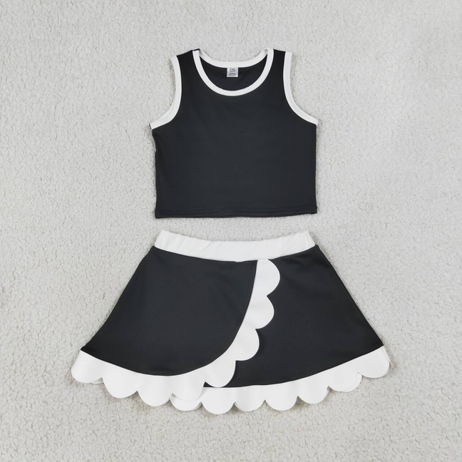 GSD4029 RTS NO MOQ （In stock）Baby Girls Sleeveless Black Vest Scallop Skirt Short Yoga Active Clothes