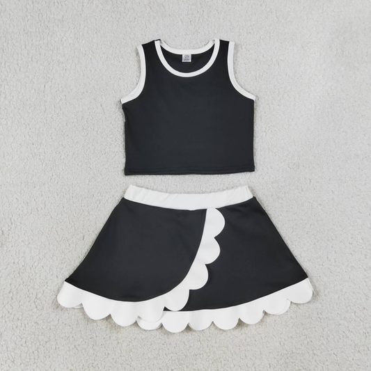 GSD4029 RTS NO MOQ （In stock）Baby Girls Sleeveless Black Vest Scallop Skirt Short Yoga Active Clothes