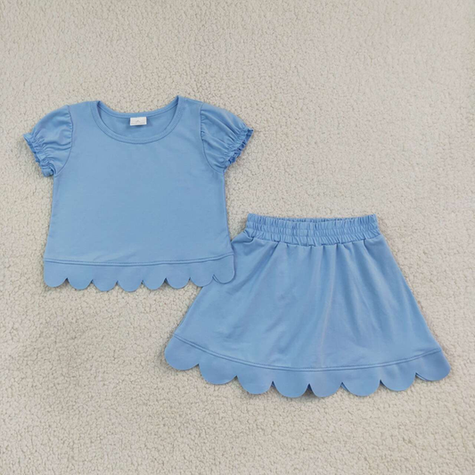 GSD3933 RTS NO MOQ （In stock）Baby Girls Blue Ruffle Short Sleeve Scallop Trim Skort Daily Outfit
