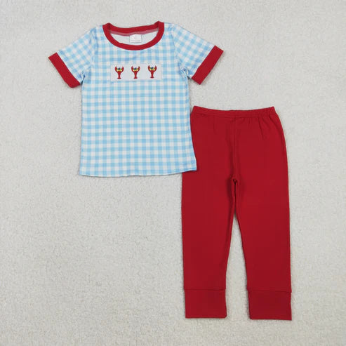 11.8 RTS Sibling Baby Boys Girls Embroidery Anchor Crayfishes Mardigras Checked Clothes Set Dress Romper