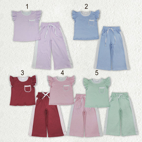 RTS NO MOQ Sibling Baby Girls Flutter Sleeve Polka Dots Top Pockets Flare Pants Clothes Sets