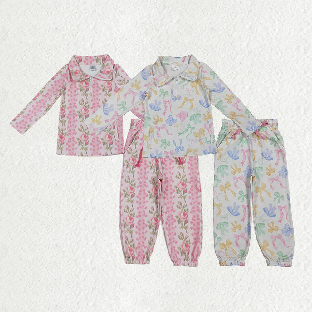 12.9 RTS Sibling Baby Girls Bows Flowers Zip Pockets Pullover Jogger Pants Active Clothes Sets
