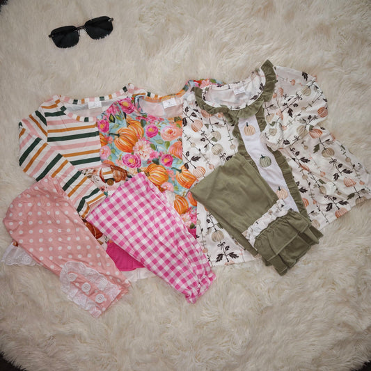 10.16 RTS Sibling Baby Girls Bows Flowers Pumpkins Tunic Leggings Bell Bottom Pant Fall Clothes Sets