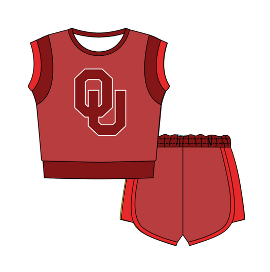 CUSTOM MOQ 5 Cute Comfortable Clothing For Kids Baby Kids Summer Red OU Sleeveless Patchwork Top Shorts Clothes Sets