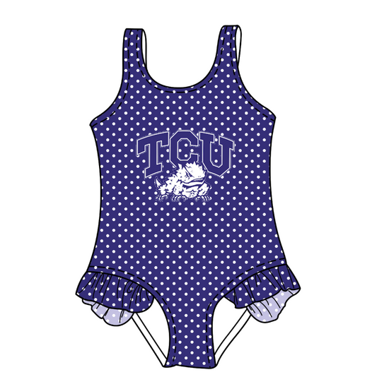CUSTOM MOQ 5 Cute Comfortable Clothing For Kids Baby Girls Purple TCU Polka Dots Ruffle Team One Piece Swimsuits