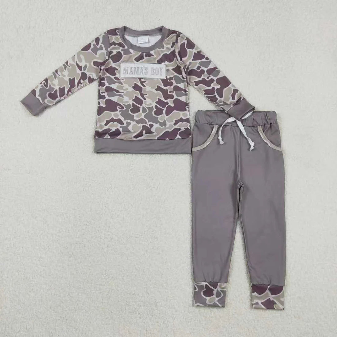 11.25 RTS Sibling Baby Boys Embroidery Mama's Boy Grey Camo Pockets Pants Clothes Sets Hoodie Romper