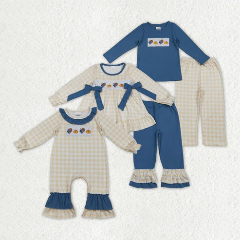 10.17 RTS Sibling Embroidery Turkey Pumpkins Baby Boys Girls Thanksgiving Clothes Sets Ruffle Footie Rompers