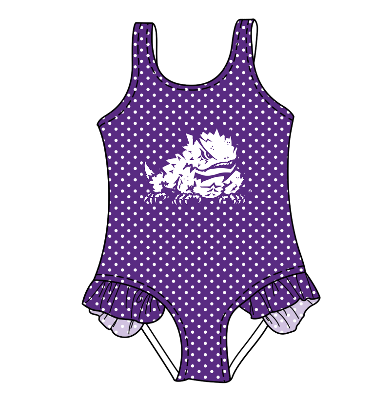 CUSTOM MOQ 5 Cute Comfortable Clothing For Kids Baby Girls Purple Polka Dots Ruffle Team One Piece Swimsuits
