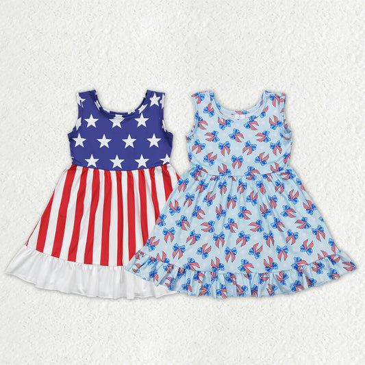 3.18 RTS Sibling Baby Girls Sleeveless Bows Stars 4th of July Ruffle Knee Length Dresses