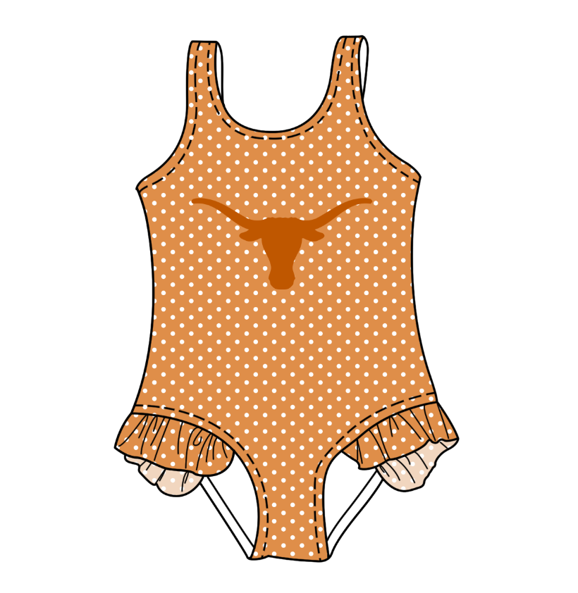 CUSTOM MOQ 5 Cute Comfortable Clothing For Kids Baby Girls Orange Polka Dots Ruffle Team One Piece Swimsuits