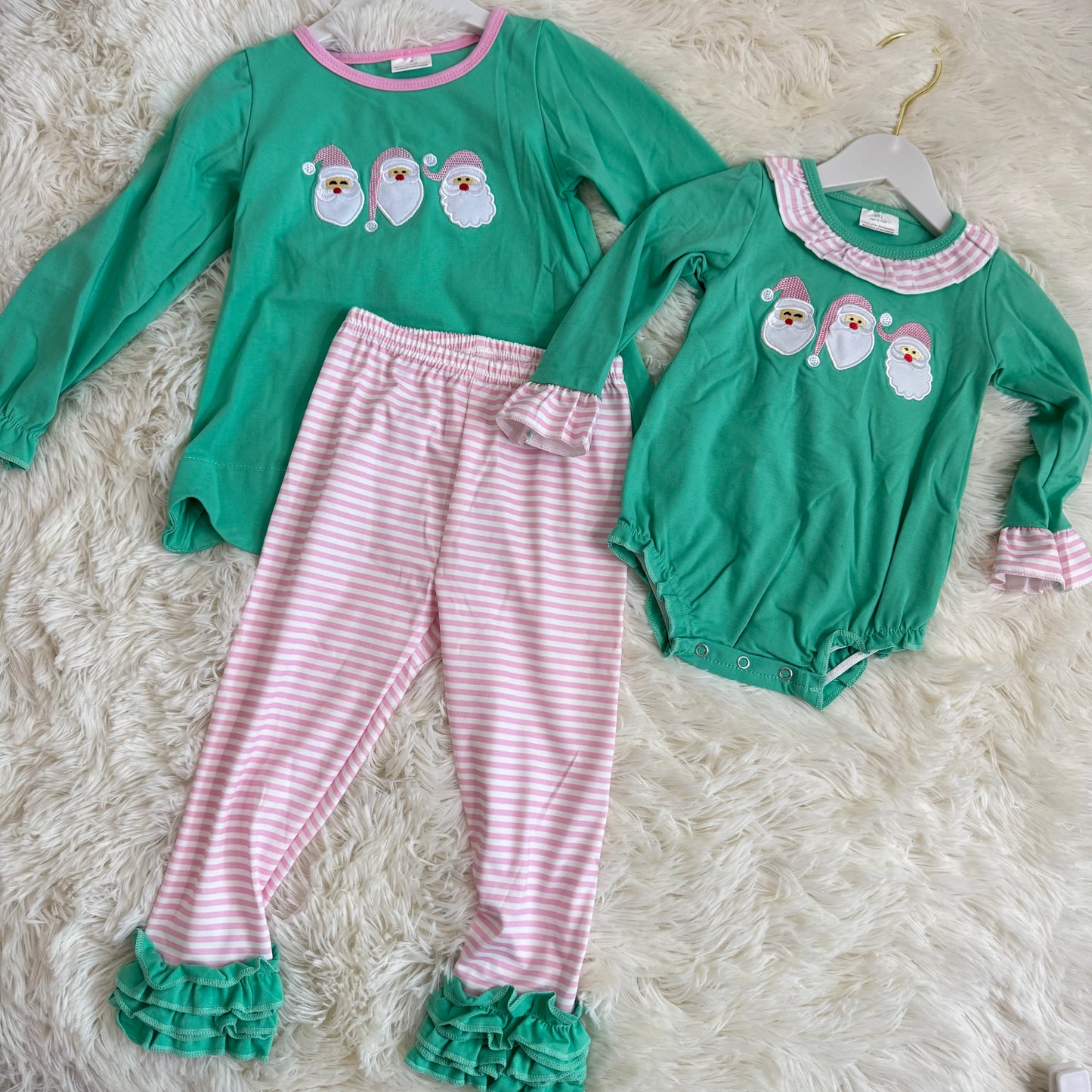 11.27 RTS Sibling Embroidery Santa Baby Kids Long Sleeves Christmas Clothes Sets Rompers