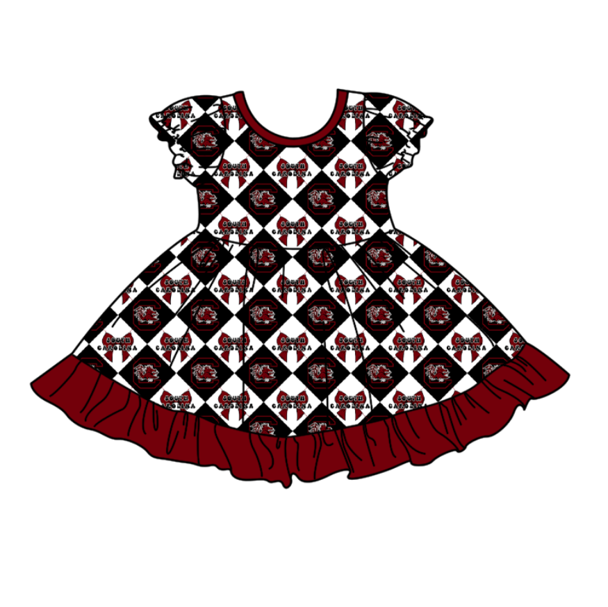 CUSTOM MOQ 5 Baby Girl Black Bow Plaid Short Sleeve Team Knee Length Dresses