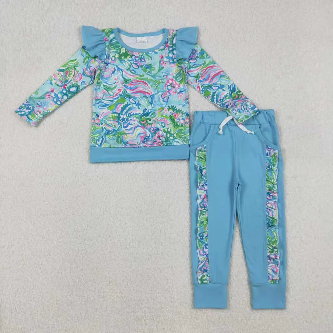 12.4 RTS Sibling Baby Girls Watercolor Floral Top Pockets Ruffle Jogger Pants Clothes Sets