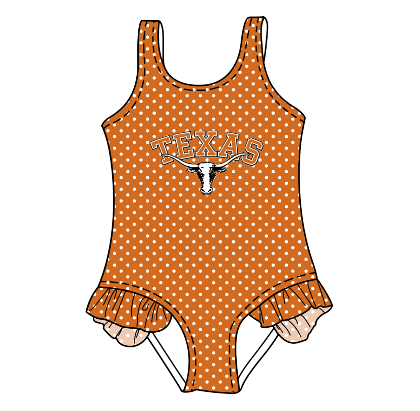 CUSTOM MOQ 5 Cute Comfortable Clothing For Kids Baby Girls Orange Cow Polka Dots Ruffle Team One Piece Swimsuits