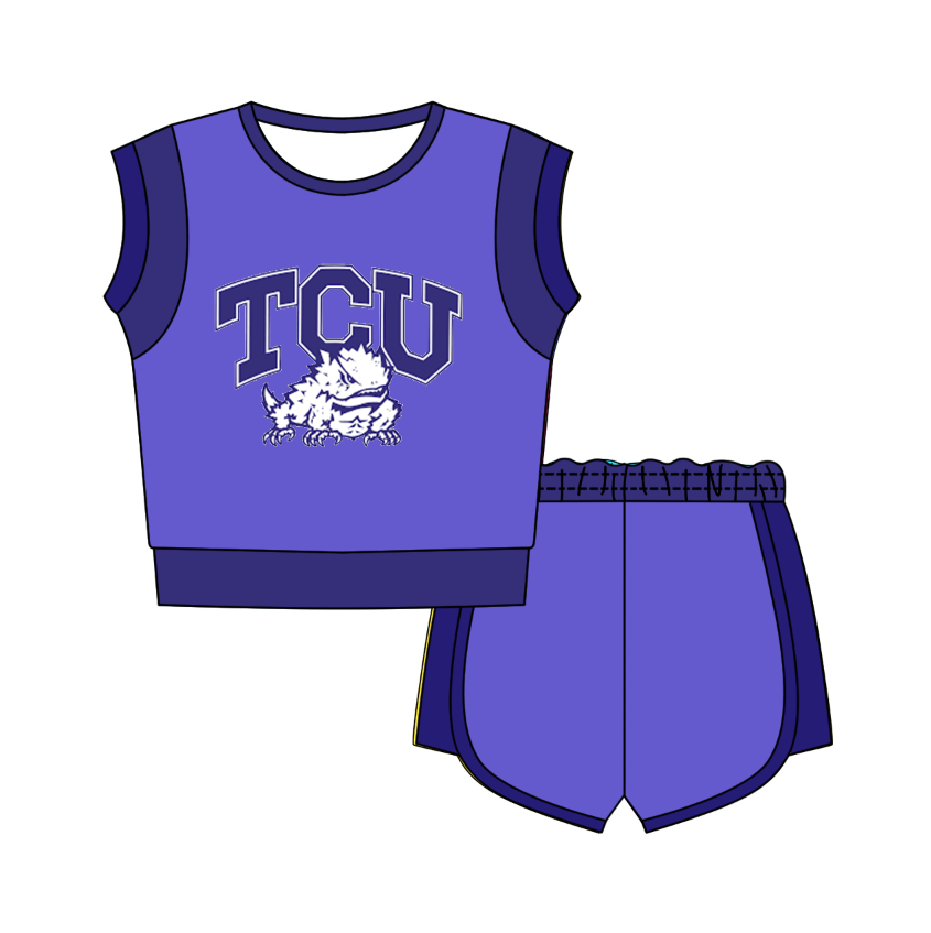CUSTOM MOQ 5 Cute Comfortable Clothing For Kids Baby Kids Summer Purple Blue TCU Sleeveless Patchwork Top Shorts Clothes Sets