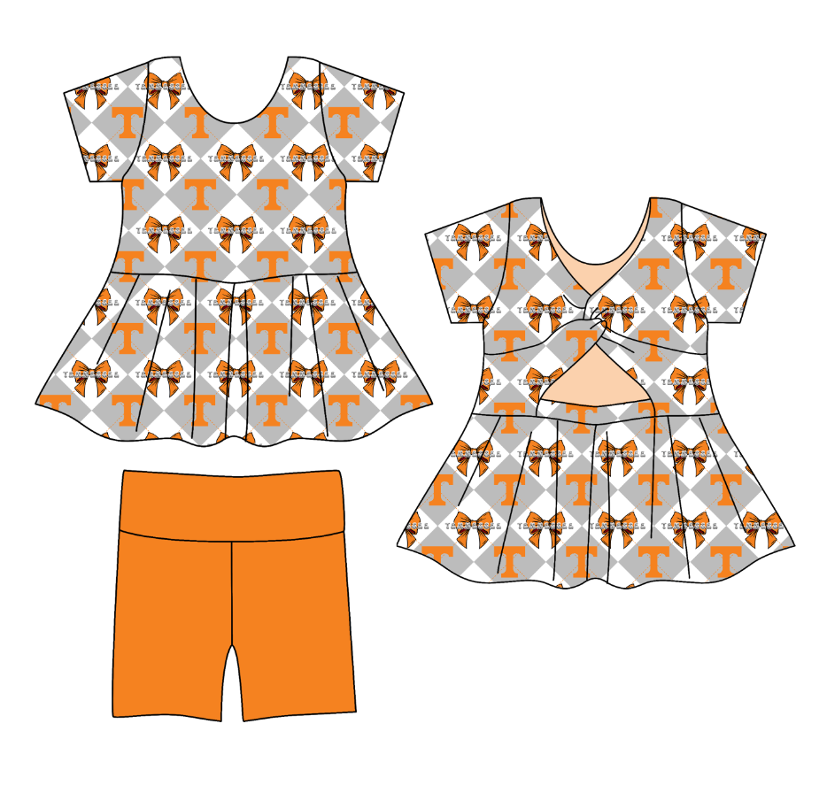 CUSTOM MOQ 5 Baby Girl Clothes Grey Bow Plaid Team Short Sleeve Shorts Yoga Active Clothes Sets