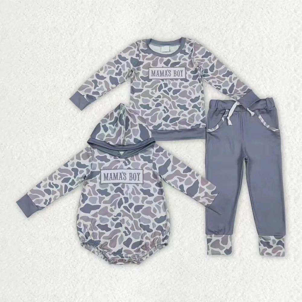 12.1 RTS Sibling Baby Boys Embroidery Mama's Boy Light Grey Camo Pockets Pant Clothes Sets Hoodie Romper
