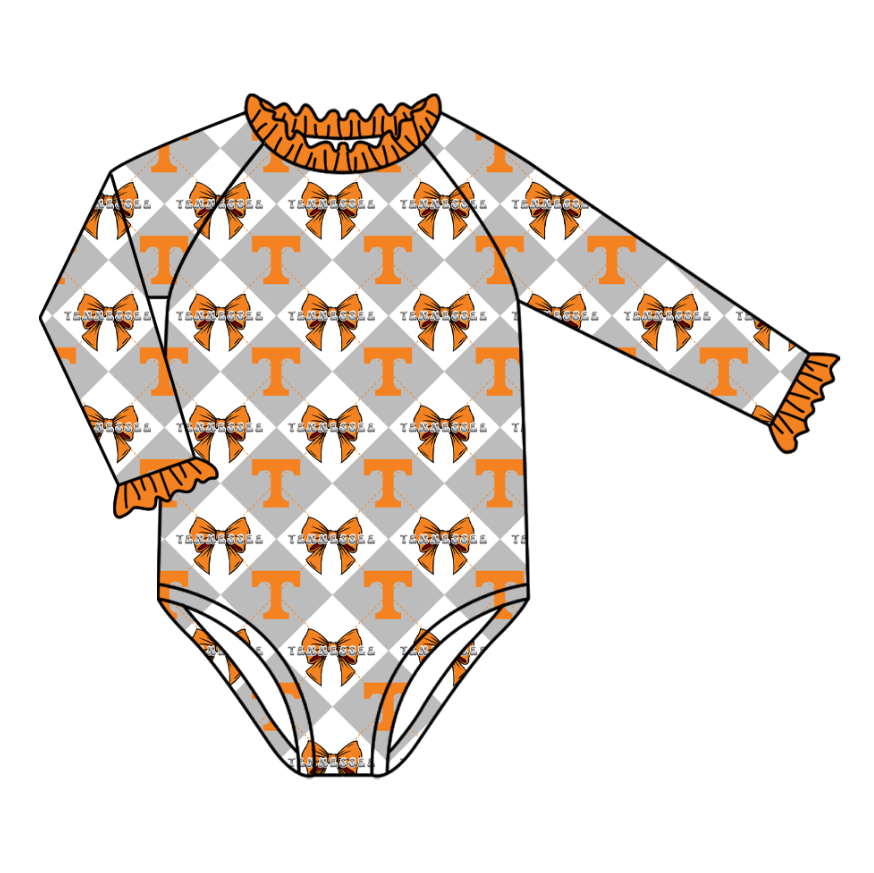 CUSTOM MOQ 5 Baby Girl Clothes Grey Bow Plaid Team Long Sleeve Swimsuits