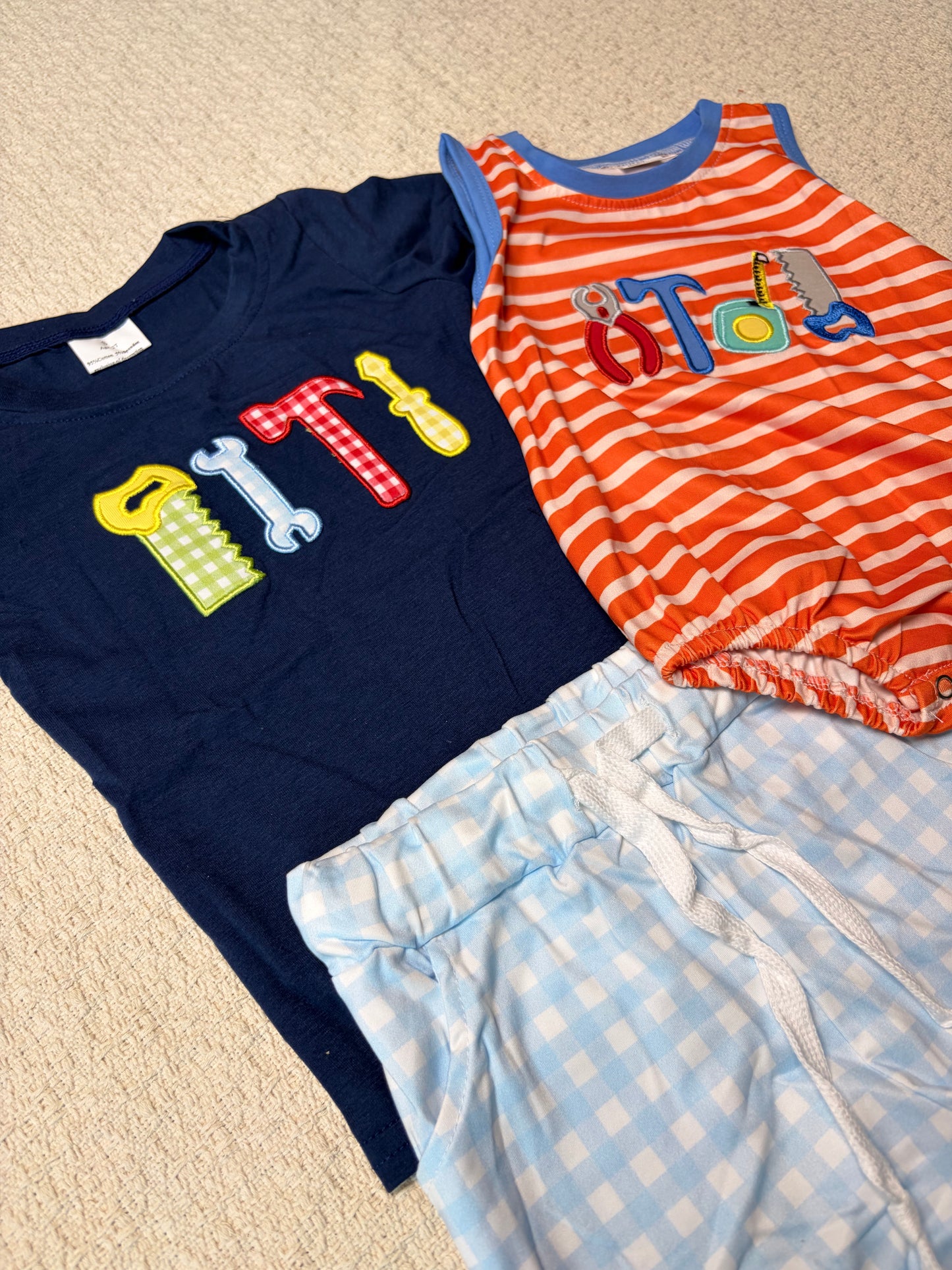 0430 RTS Sibling Short sleeves navy tools baby boys clothes and romper