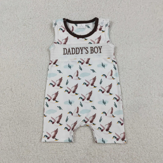 USA Warehouse (IN STOCK) SR3347 Baby Boys Summer Romper Smocked Daddy's Boy Baby Sleeveless Ducks Hunting Short Rompers
