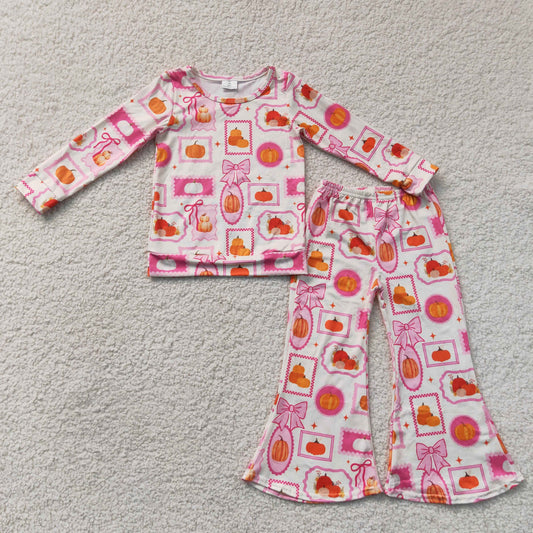 GLP3405 RTS NO MOQ （In stock）Pink bow pumpkin top pants girls fall clothing set