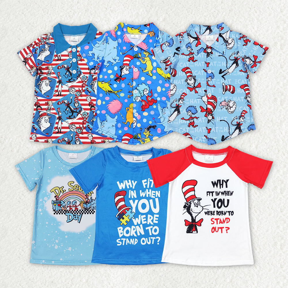 Kids Boys Short Sleeve Button down Shirt Cat Hat Fish Design Fashionable Clothing for Children