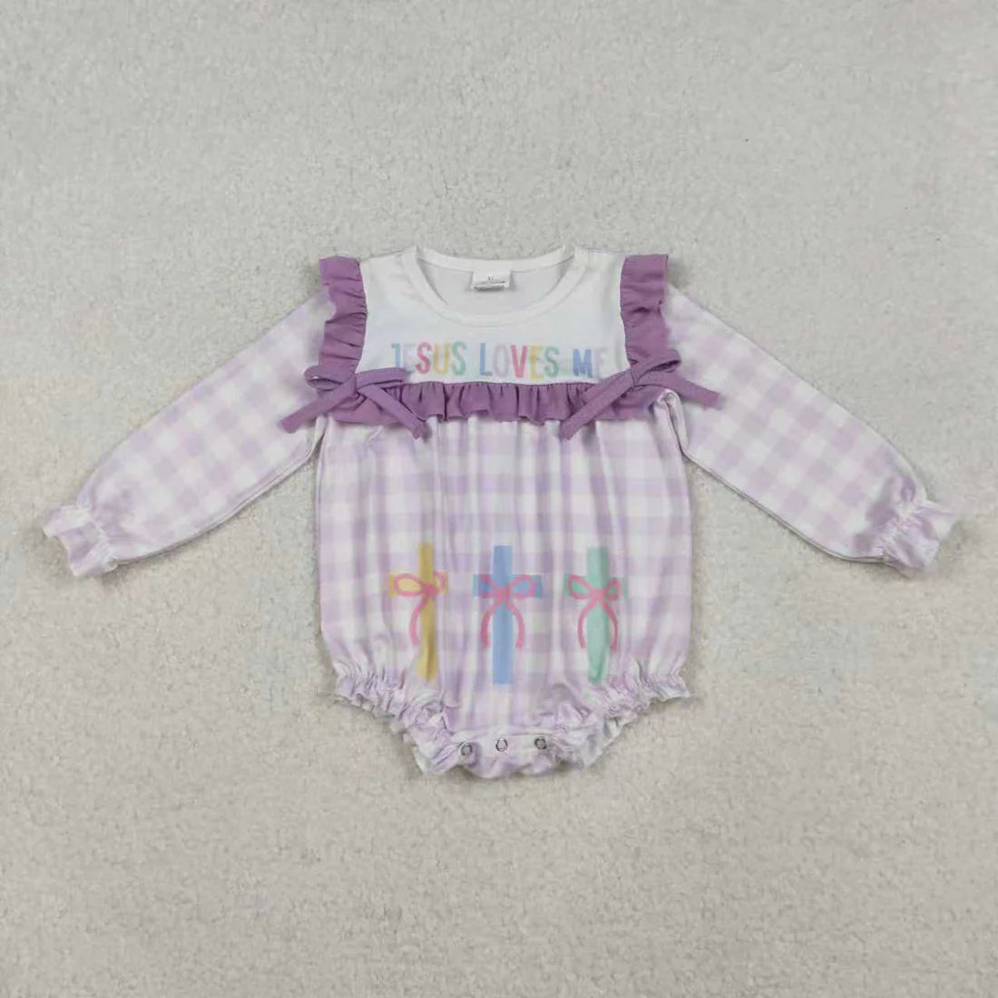 10.27 RTS Sibling Baby Girls Lavender Checked Jesus Love Me Crosses Knee Length Dress Romper