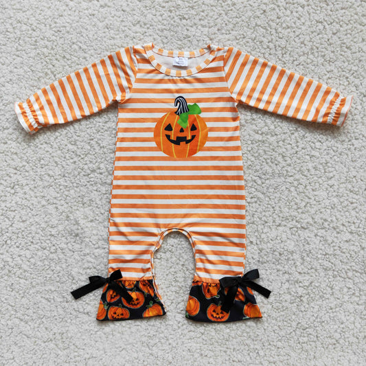 6 A13-2 Baby Girls Winter Rompers Pumpkin Stripes Halloween Ruffle Rompers
