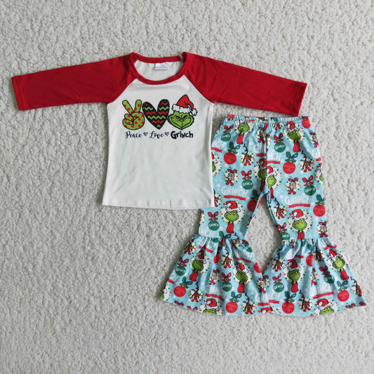 12.2 6 A16-20 RTS No Moq Clearance Baby Girls Winter Outfits Baby Girls Peace love green face shirt bell bottom