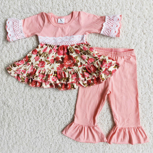 9.18 6 A17-26 Baby Girls Winter Outfits Pink Flowers Baby Girls Lace Shirt Pants Clothes Sets