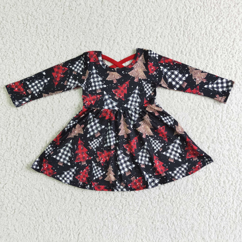 10.30 RST Sibling Baby Girls Bows Trees Plaid Christmas Ruffle Knee Length Dresses