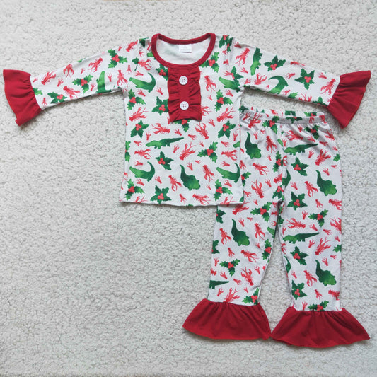 9.16 6 A2-27- Baby Girls Winter Outfits Girls Christmas dinosaur ruffle pajamas