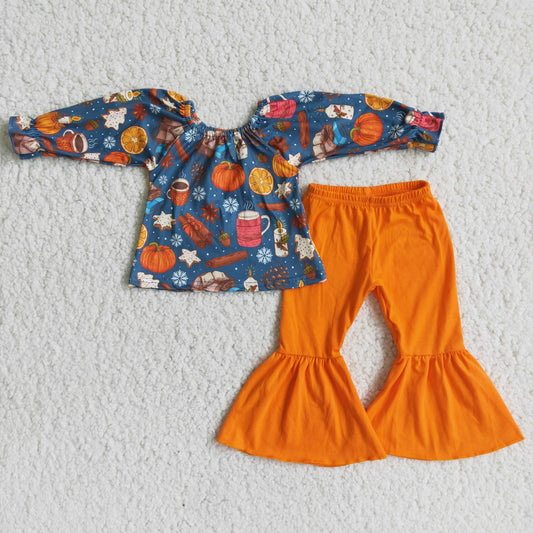 9.15 6 A2-29 Baby Girls Winter Outfits Pumpkin off shoulder top bell set