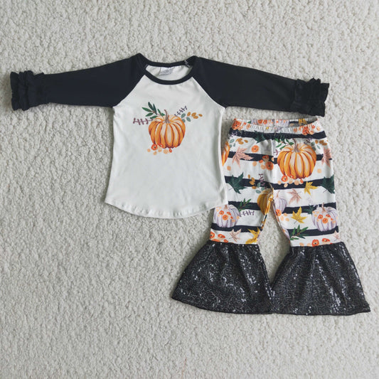 10.4 6 A20-29 RTS No Moq Clearance Baby Girls Winter Outfits Baby girls Pumpkin print sequin bell bottom pants