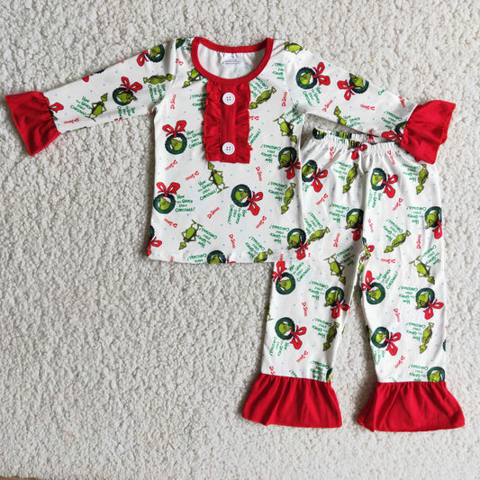 12.2 6 A20-3 RTS No Moq Clearance Baby Girls Winter Outfits Baby Girls Girls long sleeve green face print Christmas pajamas