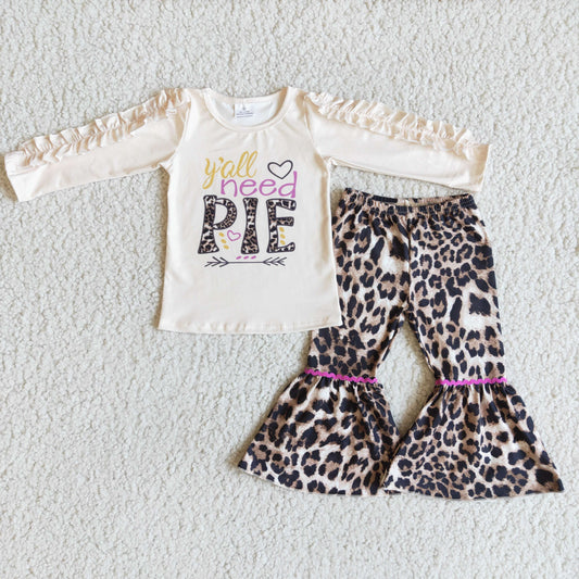 10.4 6 A23-20 RTS No Moq Clearance Baby Girls Winter Outfits Baby girls Pie leopard ruffle sleeve bell pants sets