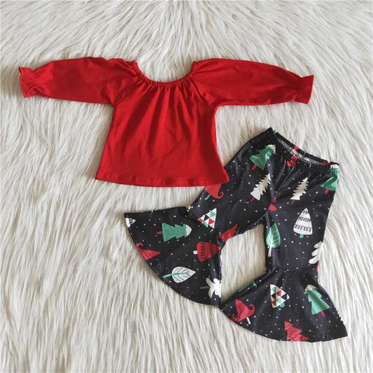 6 A24-5 Red top Christmas tree bell bottom pants sets