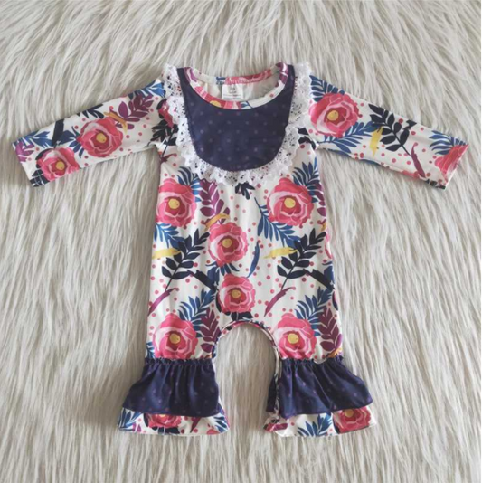 6 A25-17 Baby Girls Winter Rompers Baby Girls navy floral purple ruffle fall rompers