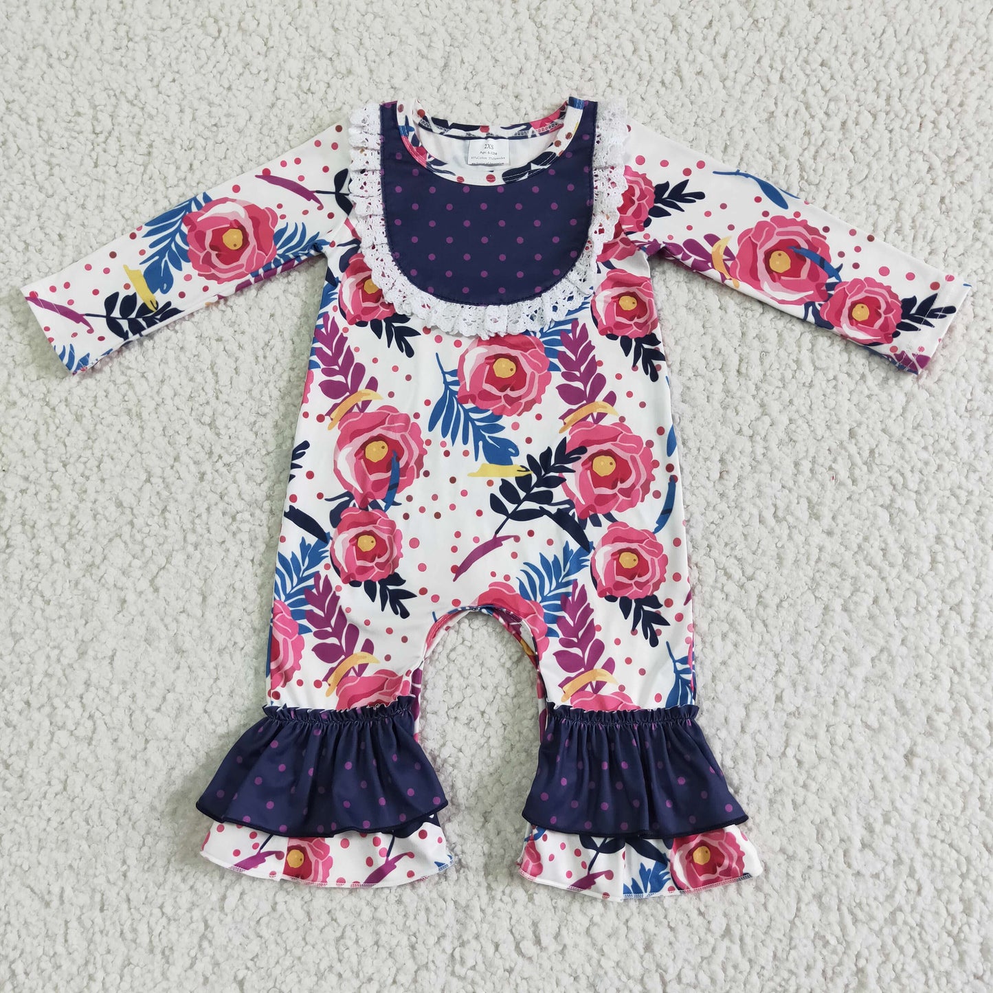 12.20 6 A25-17 RTS No Moq Clearance Baby Girls navy floral purple ruffle fall rompers