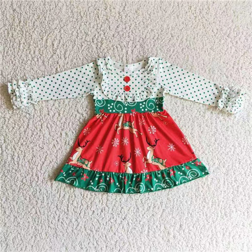 11.1 RST Sibling Baby Girls Deer Plaid Button Pockets Christmas Ruffle Knee Length Dresses