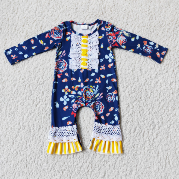 12.6 6 A26-3 RTS No Moq Clearance Baby girls Navy floral fall rompers