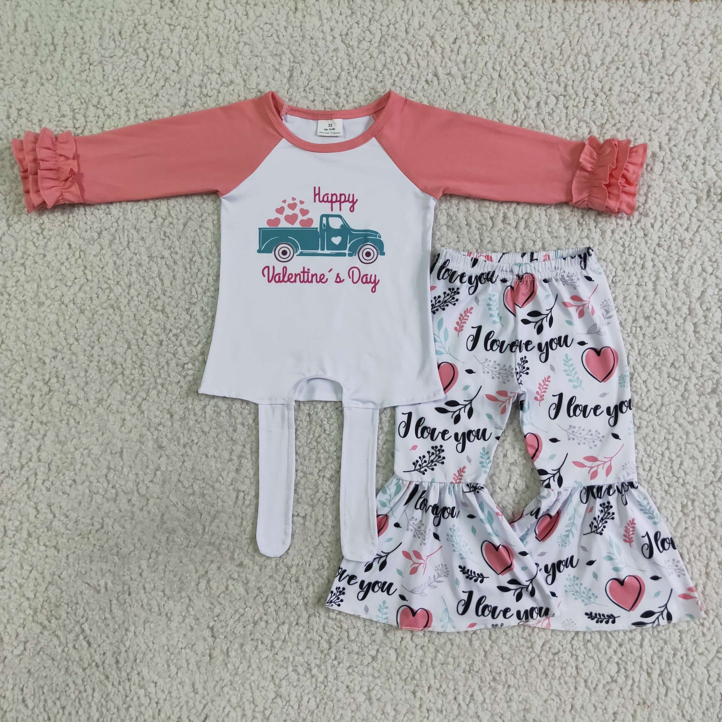 1.17 6 A27-27 RTS No Moq Clearance Baby girls Valentines pink tractor bell pants sets