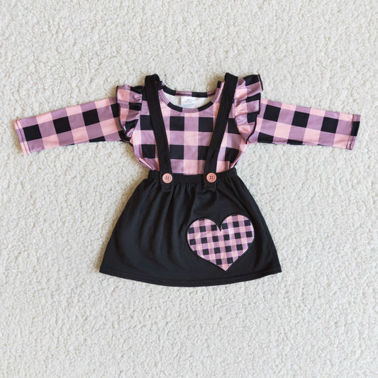 12.20 6 A28-30 RTS No Moq Promotion Baby Girls Heart embroidery plaid long sleeve shirt suspender skirt