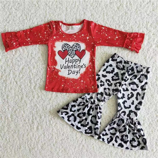1.17 6 A33-12 RTS No Moq Clearance Baby Girls Valentines Day Leopard Bell Pants Clothes Sets