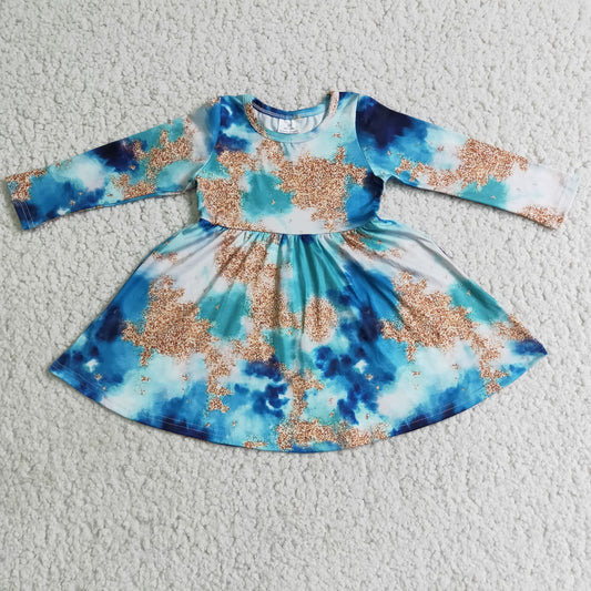 12.6 6 A6-18 Baby Girls Winter Dresses Baby Girls Long sleeve blue tie dye girls twirl dresses